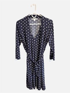 Boston Proper Blue Polka Dot V-Neck Belted Dress